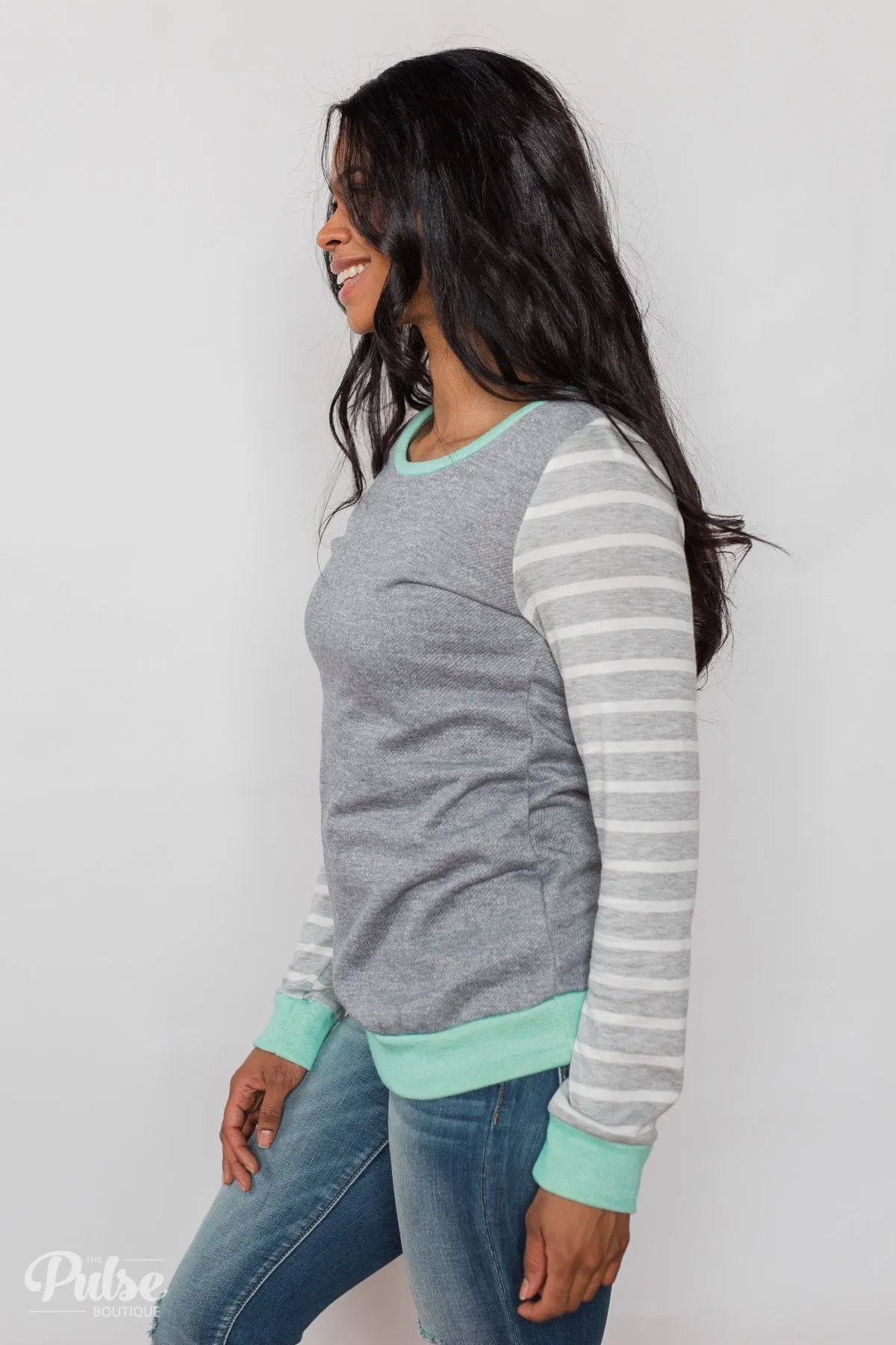 The Right Steps Striped Sleeve Top- Grey & Mint