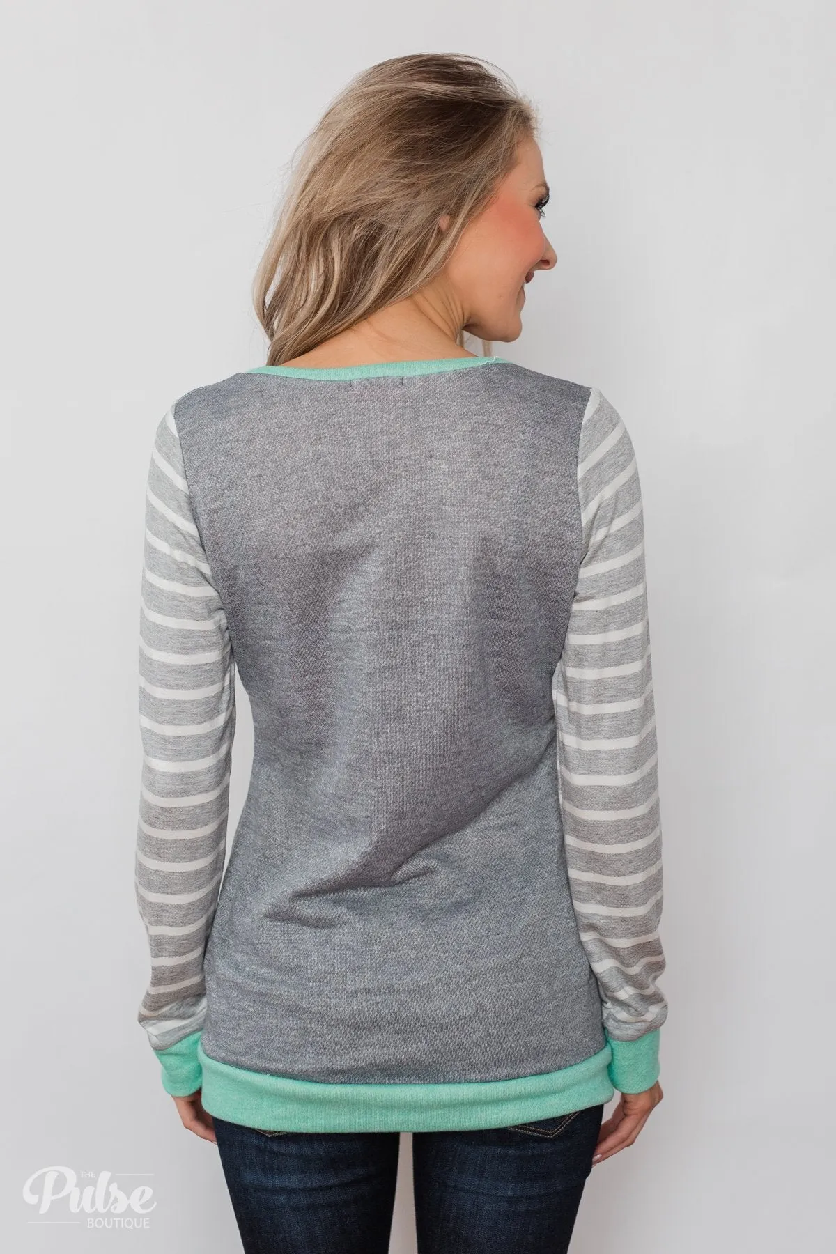 The Right Steps Striped Sleeve Top- Grey & Mint