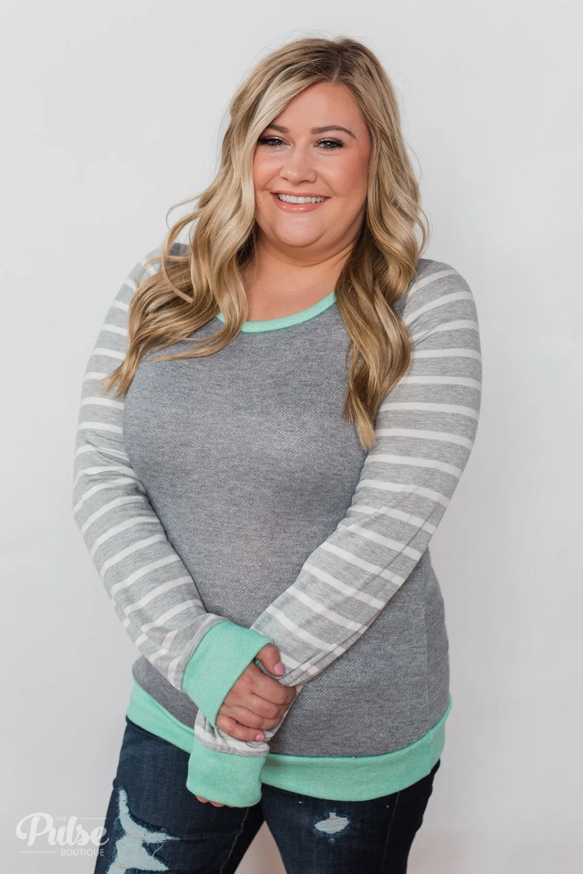 The Right Steps Striped Sleeve Top- Grey & Mint