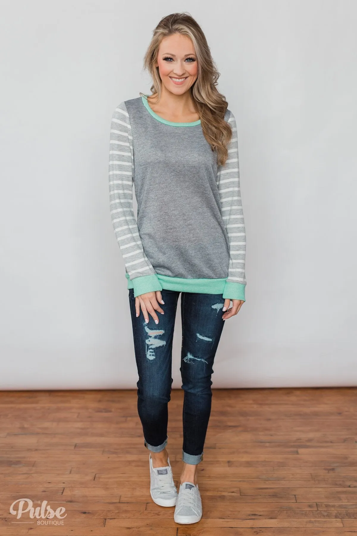 The Right Steps Striped Sleeve Top- Grey & Mint