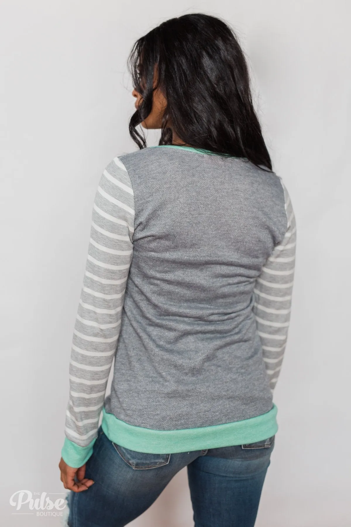 The Right Steps Striped Sleeve Top- Grey & Mint