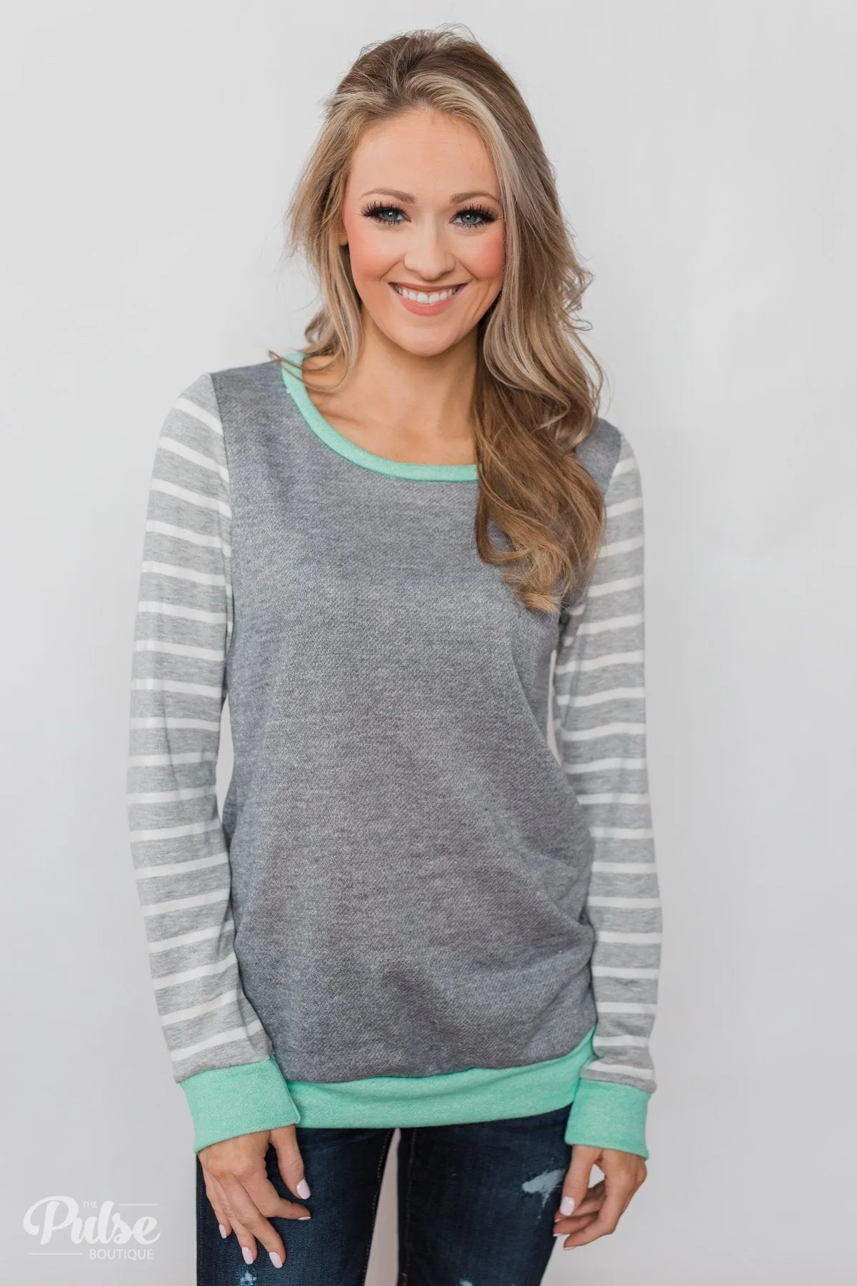 The Right Steps Striped Sleeve Top- Grey & Mint
