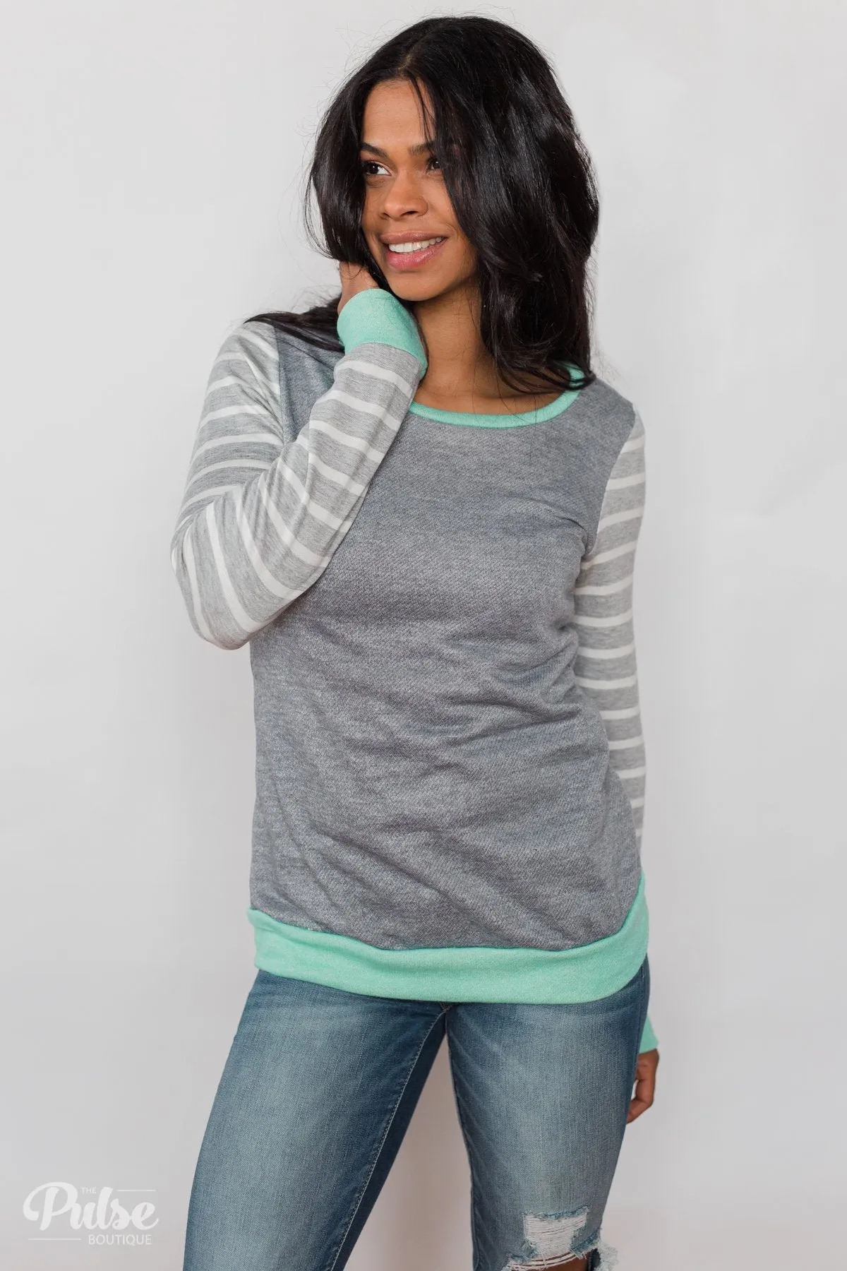 The Right Steps Striped Sleeve Top- Grey & Mint