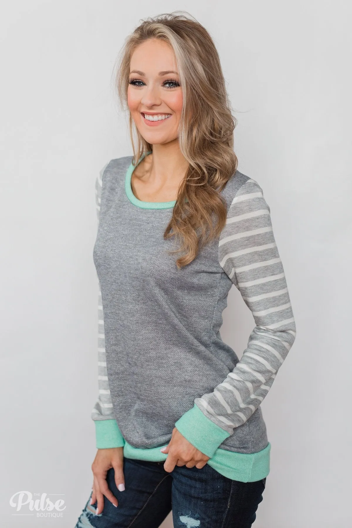 The Right Steps Striped Sleeve Top- Grey & Mint