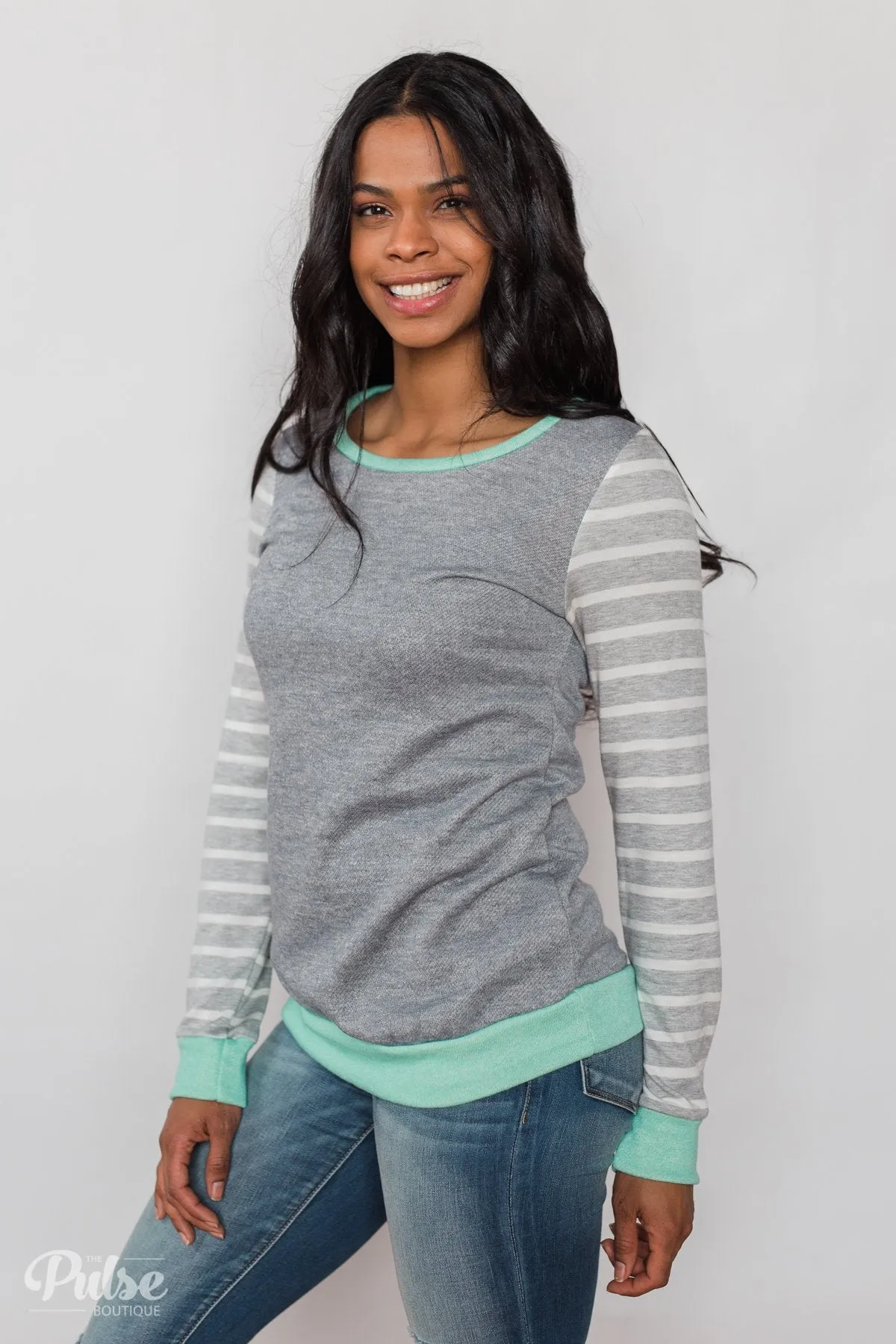 The Right Steps Striped Sleeve Top- Grey & Mint