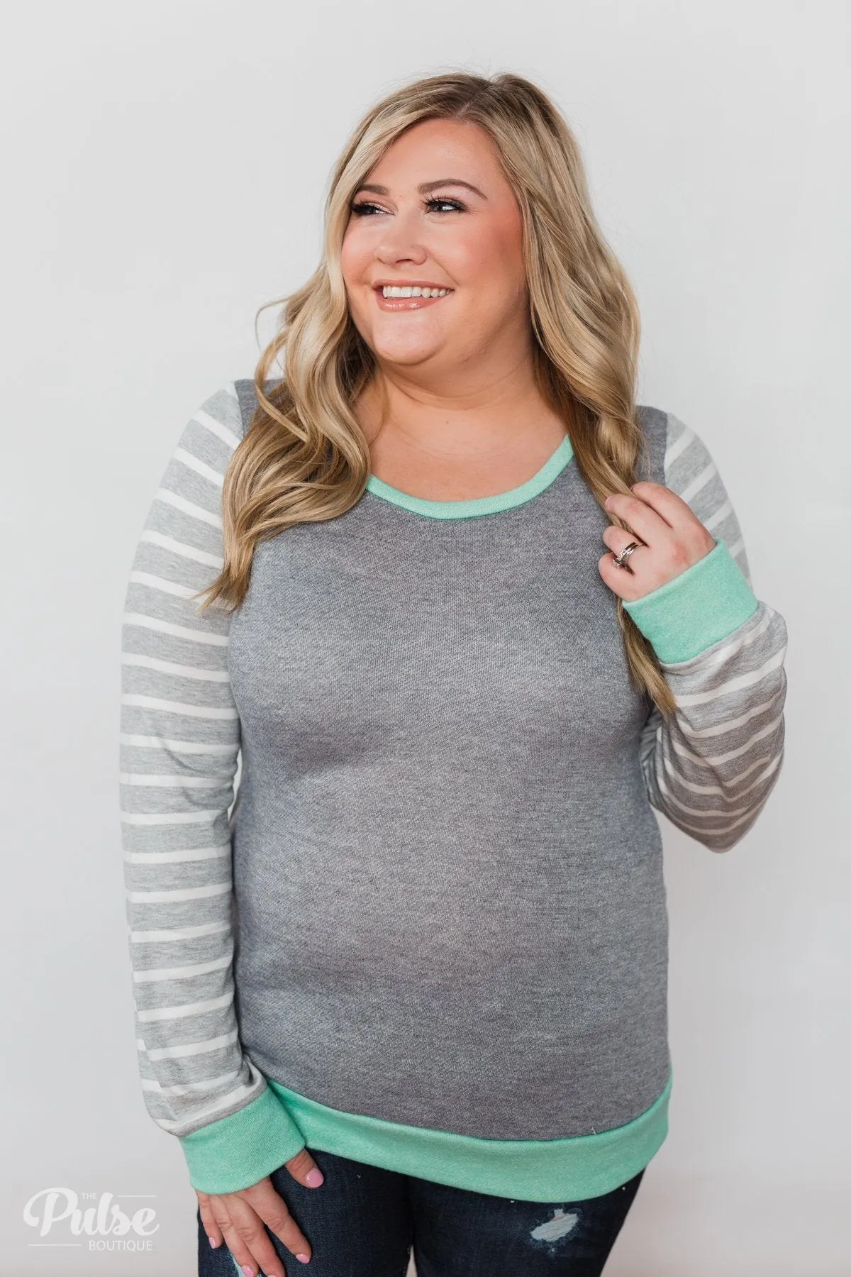 The Right Steps Striped Sleeve Top- Grey & Mint