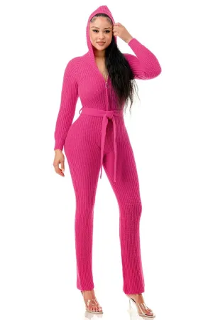 Thick Knit Pink Long Sleeve Hooded Jumpsuit