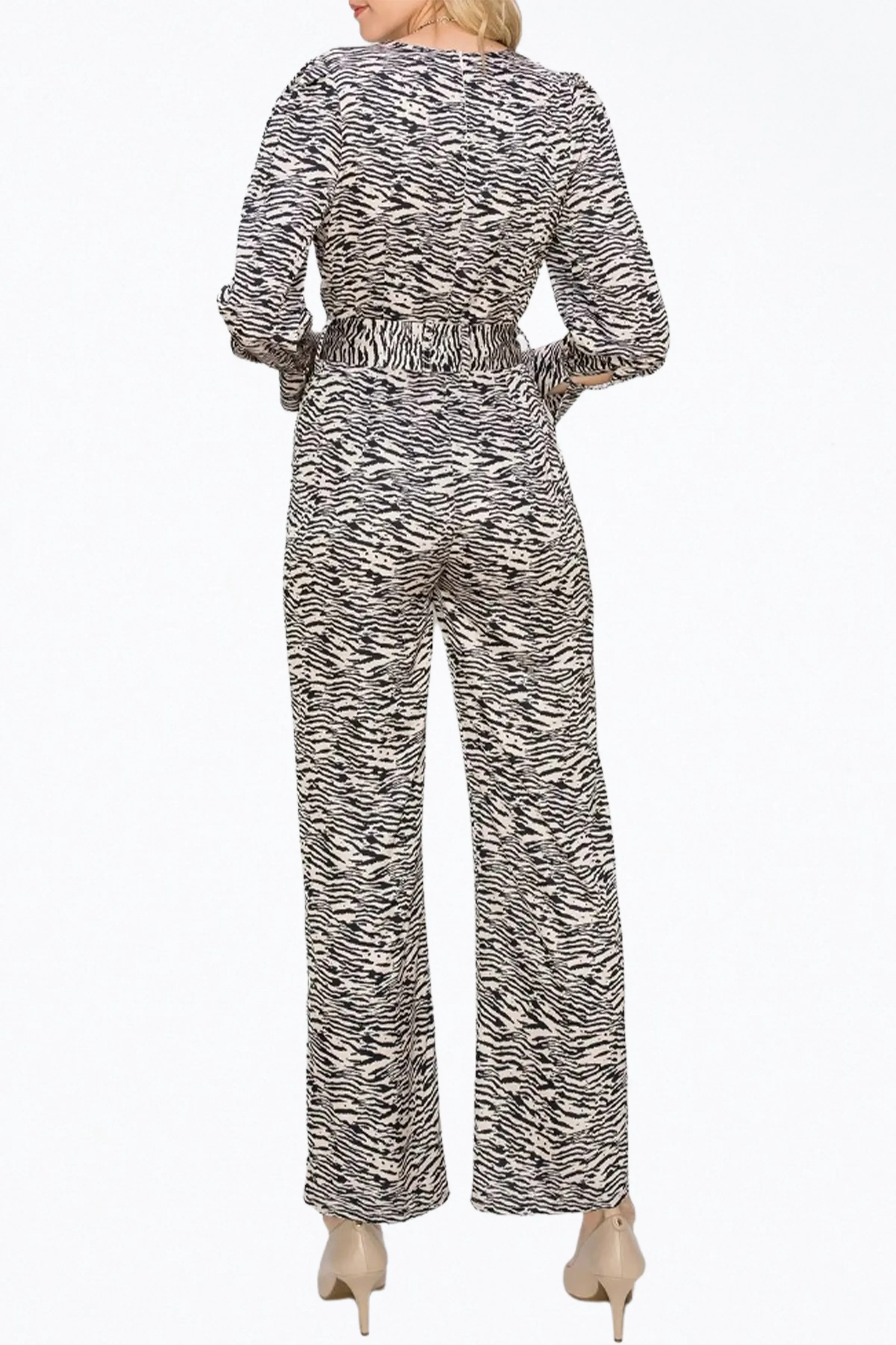 TONI ZEBRA-PRINT BELTED WRAP-EFFECT SATEEN JUMPSUIT