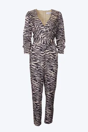 TONI ZEBRA-PRINT BELTED WRAP-EFFECT SATEEN JUMPSUIT