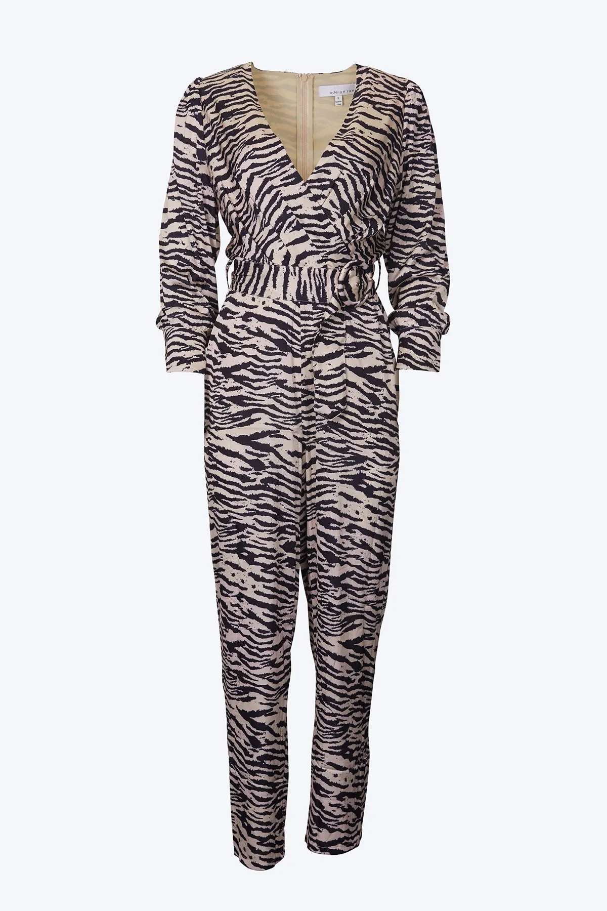 TONI ZEBRA-PRINT BELTED WRAP-EFFECT SATEEN JUMPSUIT