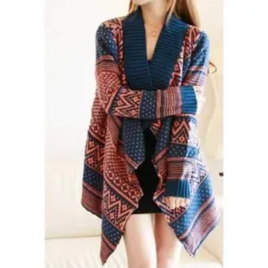 Trendy Style Jacquard Pattern Irregular Long Sleeve Women's Cardigan - Blue One Size