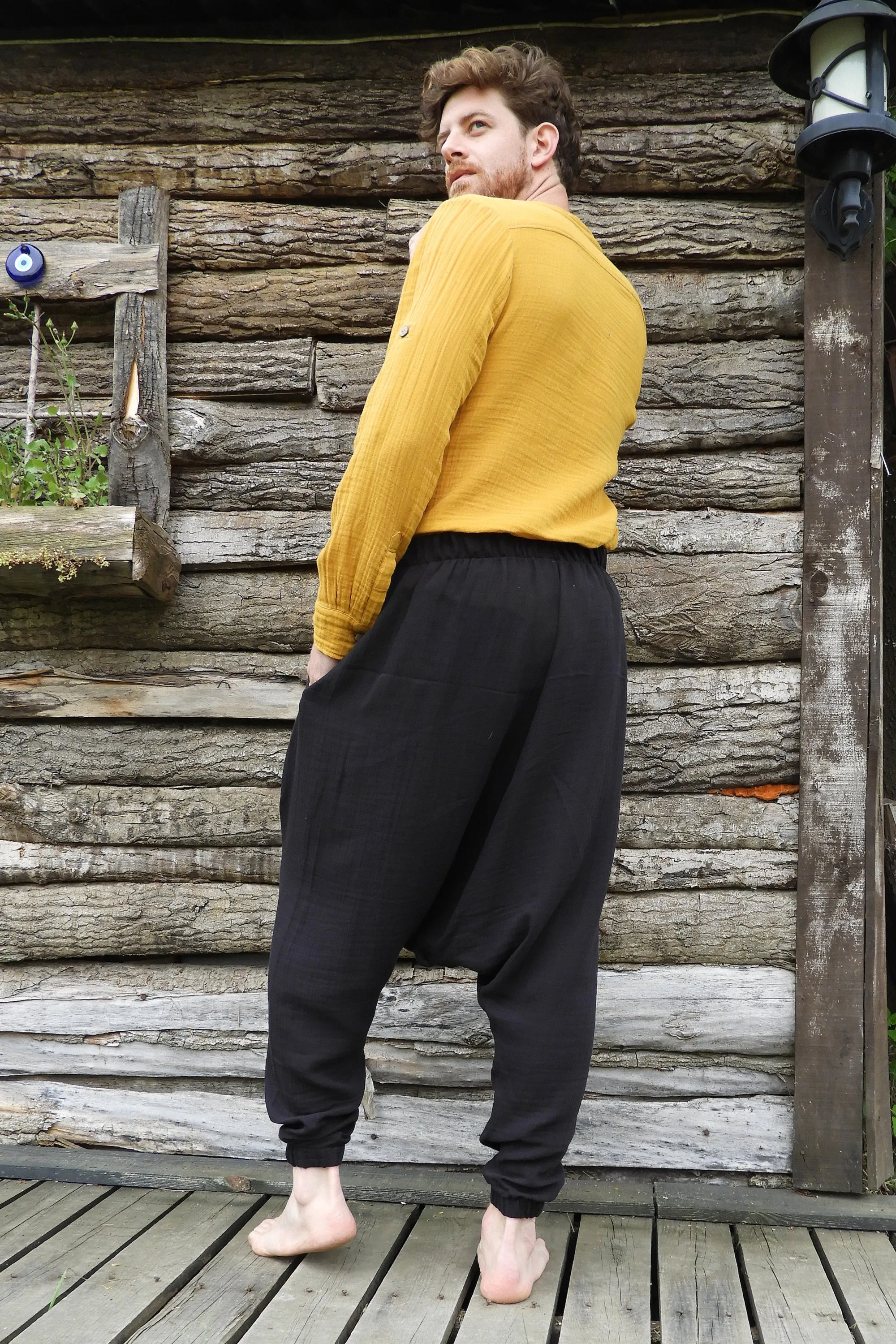 TRIBAL Men's Organic Gauze Cotton Harem Pants (Black, Beige)