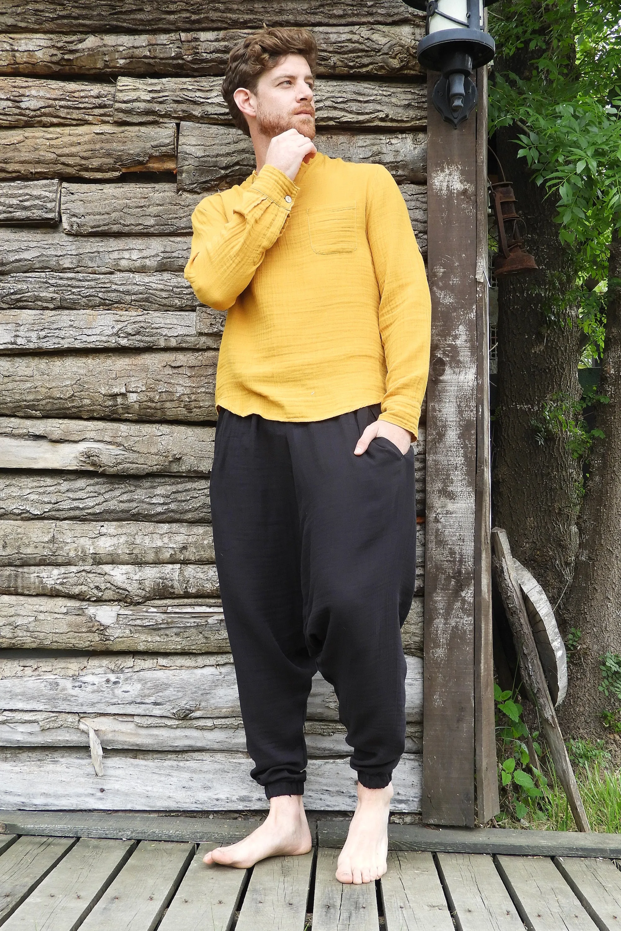 TRIBAL Men's Organic Gauze Cotton Harem Pants (Black, Beige)