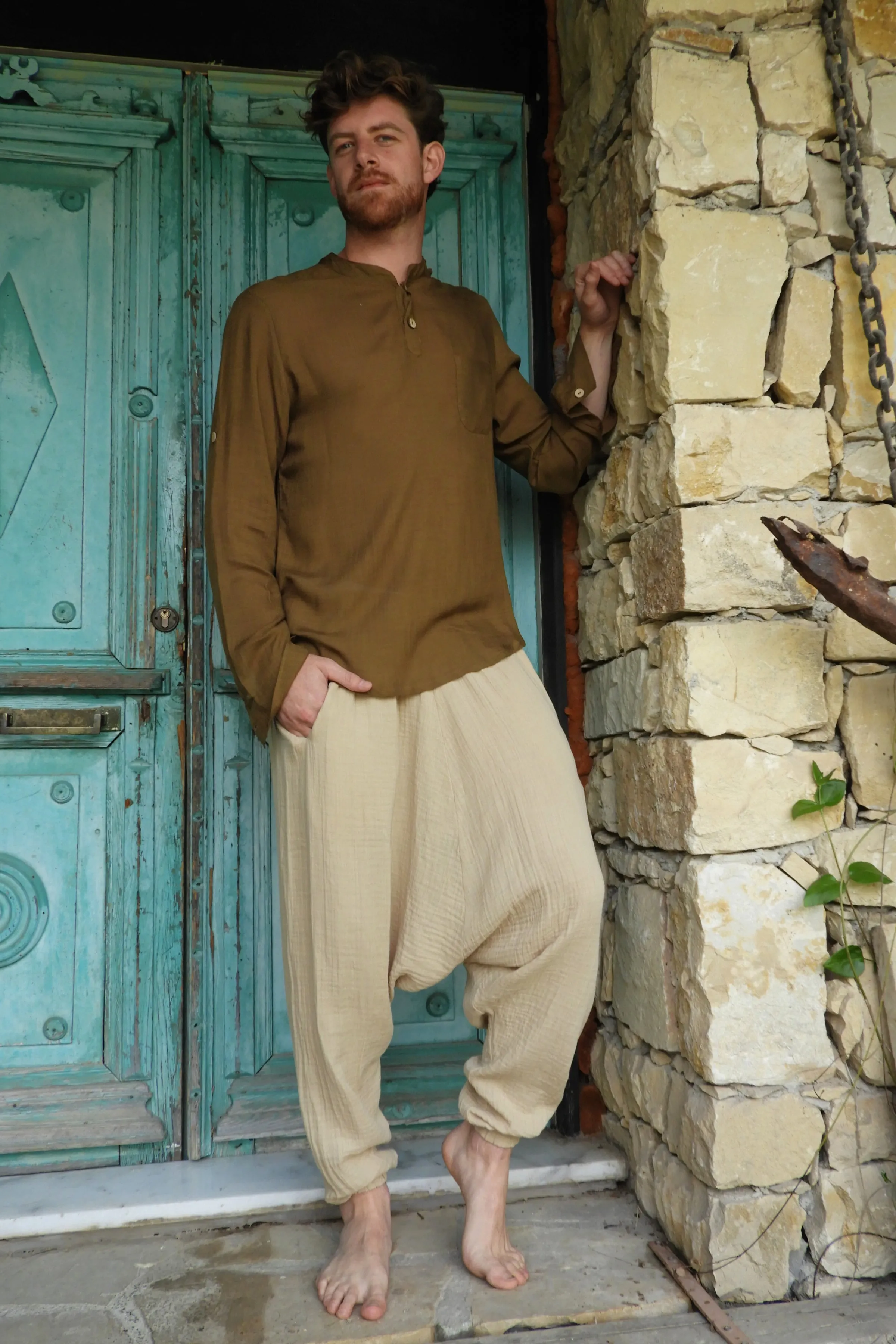 TRIBAL Men's Organic Gauze Cotton Harem Pants (Black, Beige)
