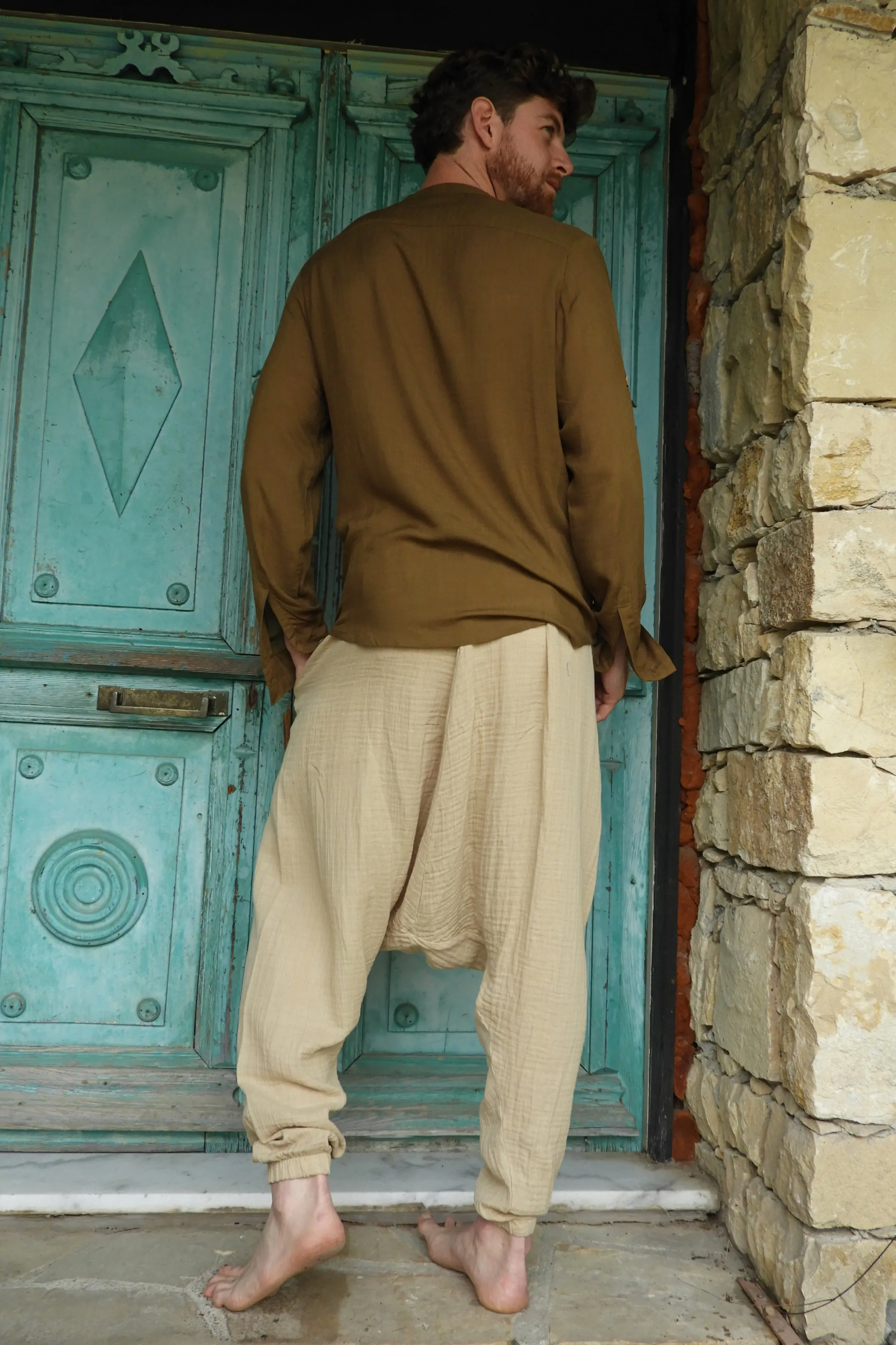 TRIBAL Men's Organic Gauze Cotton Harem Pants (Black, Beige)