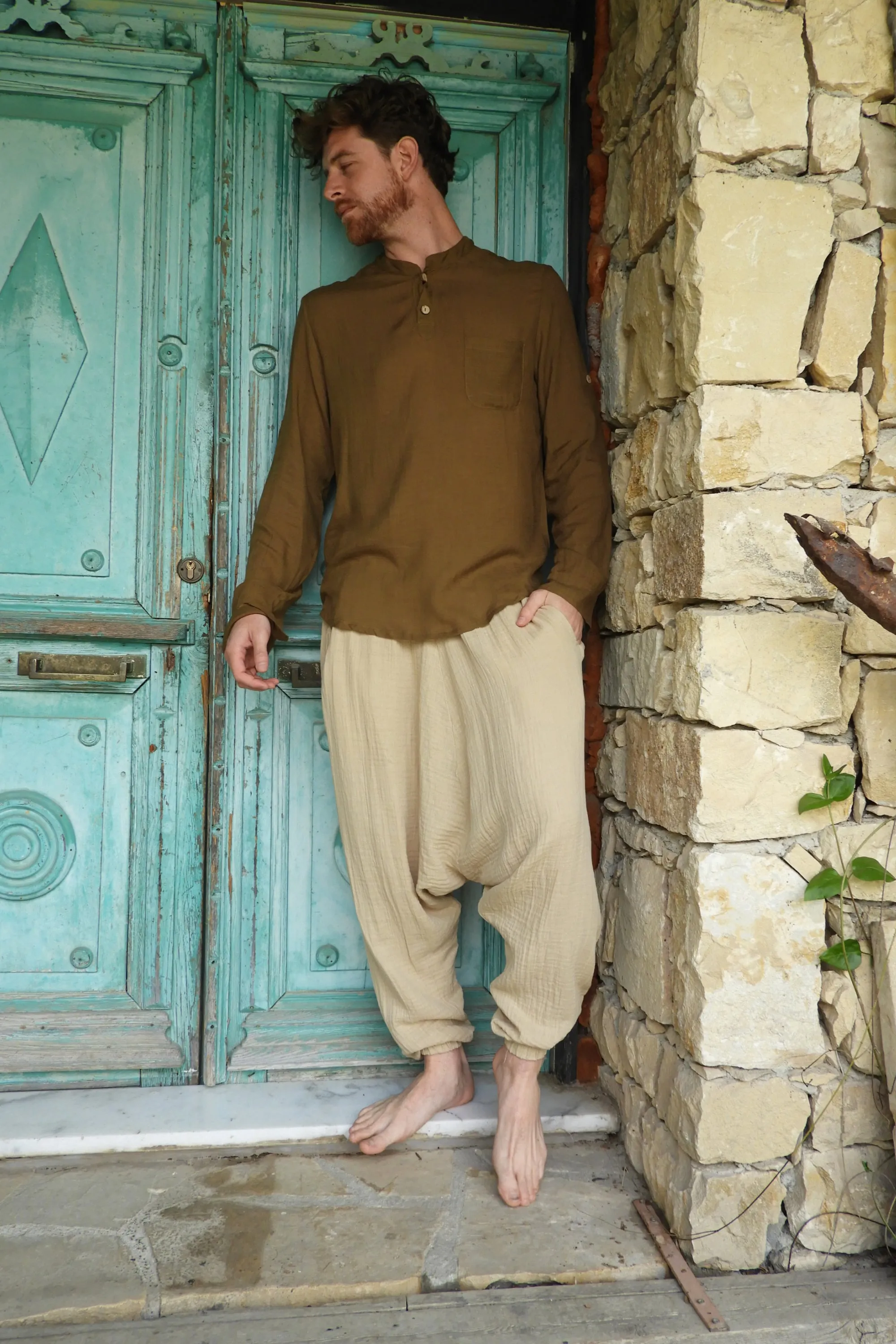 TRIBAL Men's Organic Gauze Cotton Harem Pants (Black, Beige)