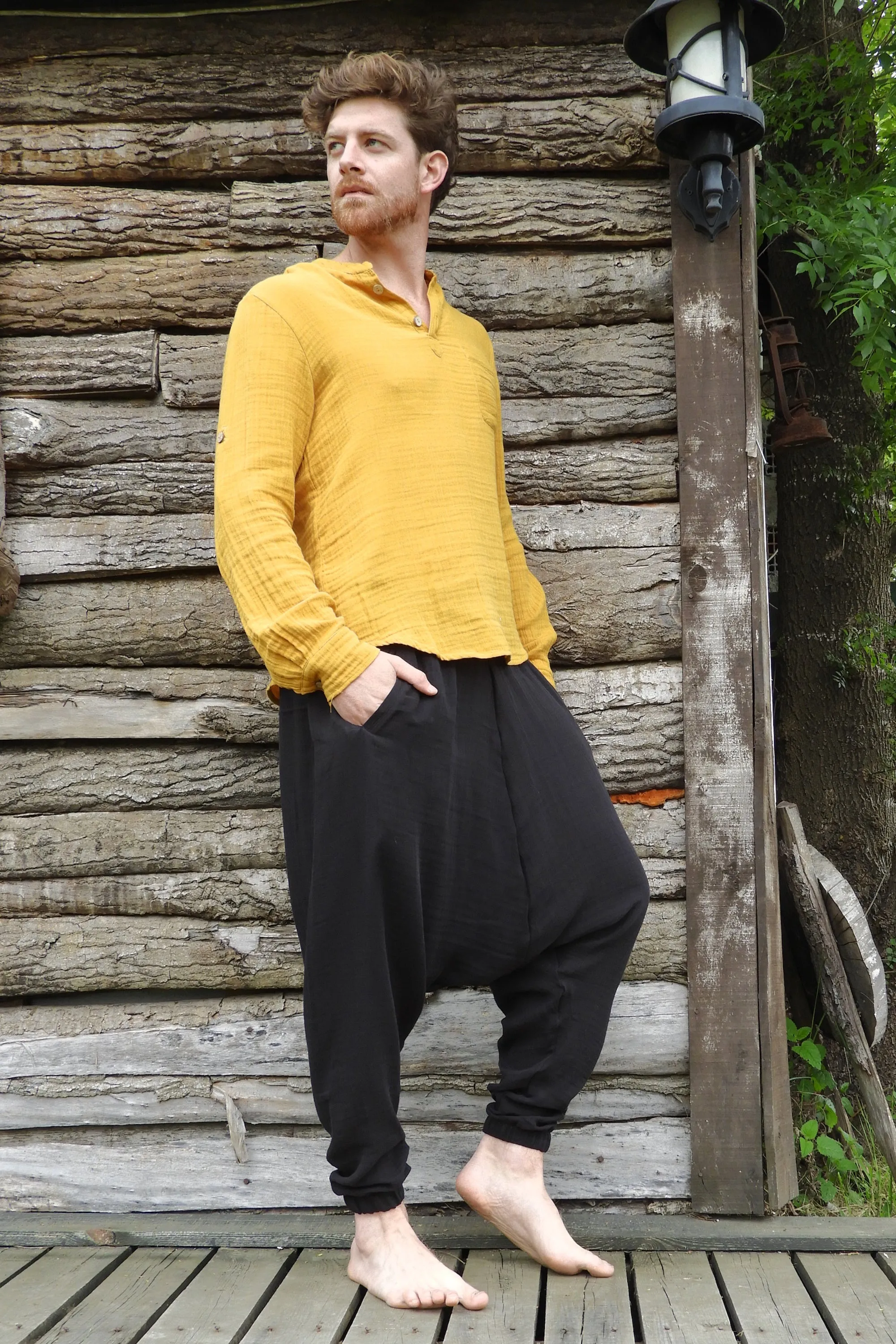 TRIBAL Men's Organic Gauze Cotton Harem Pants (Black, Beige)