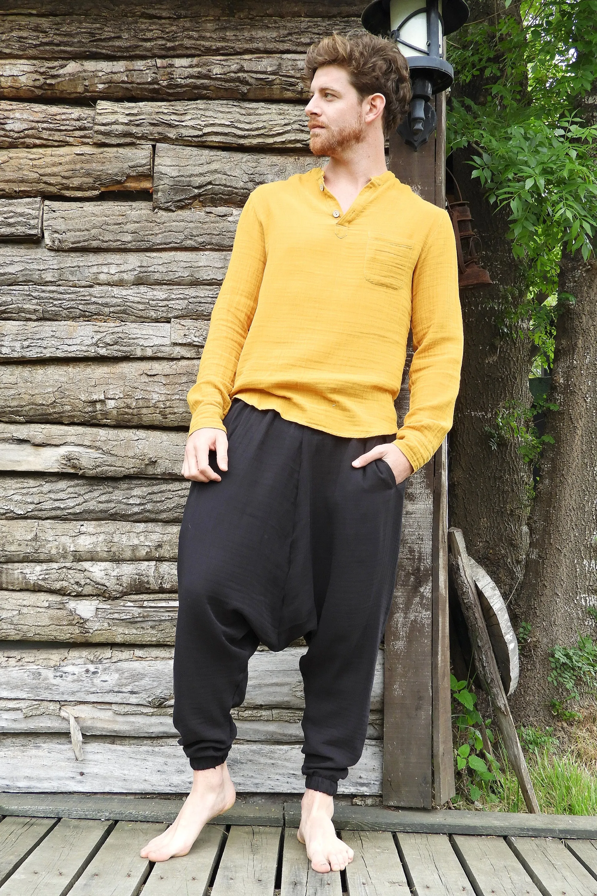 TRIBAL Men's Organic Gauze Cotton Harem Pants (Black, Beige)