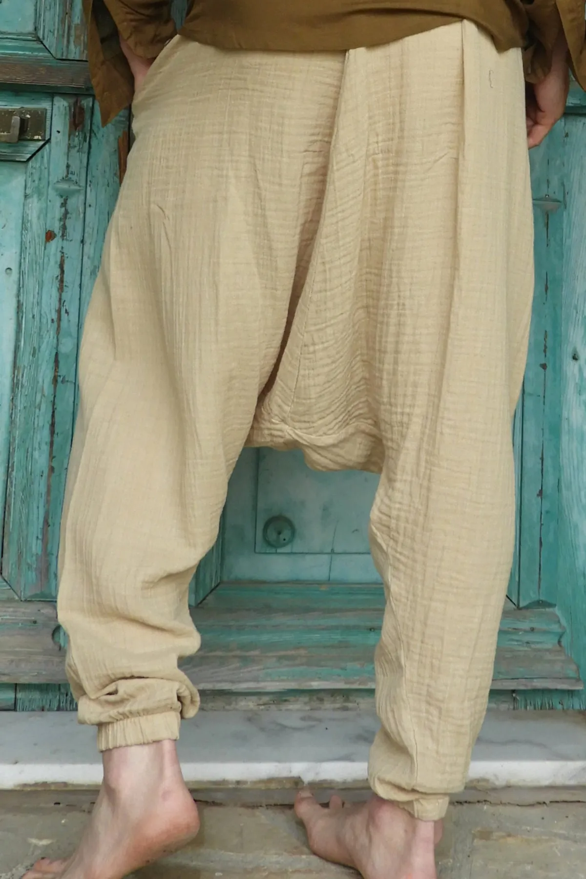 TRIBAL Men's Organic Gauze Cotton Harem Pants (Black, Beige)