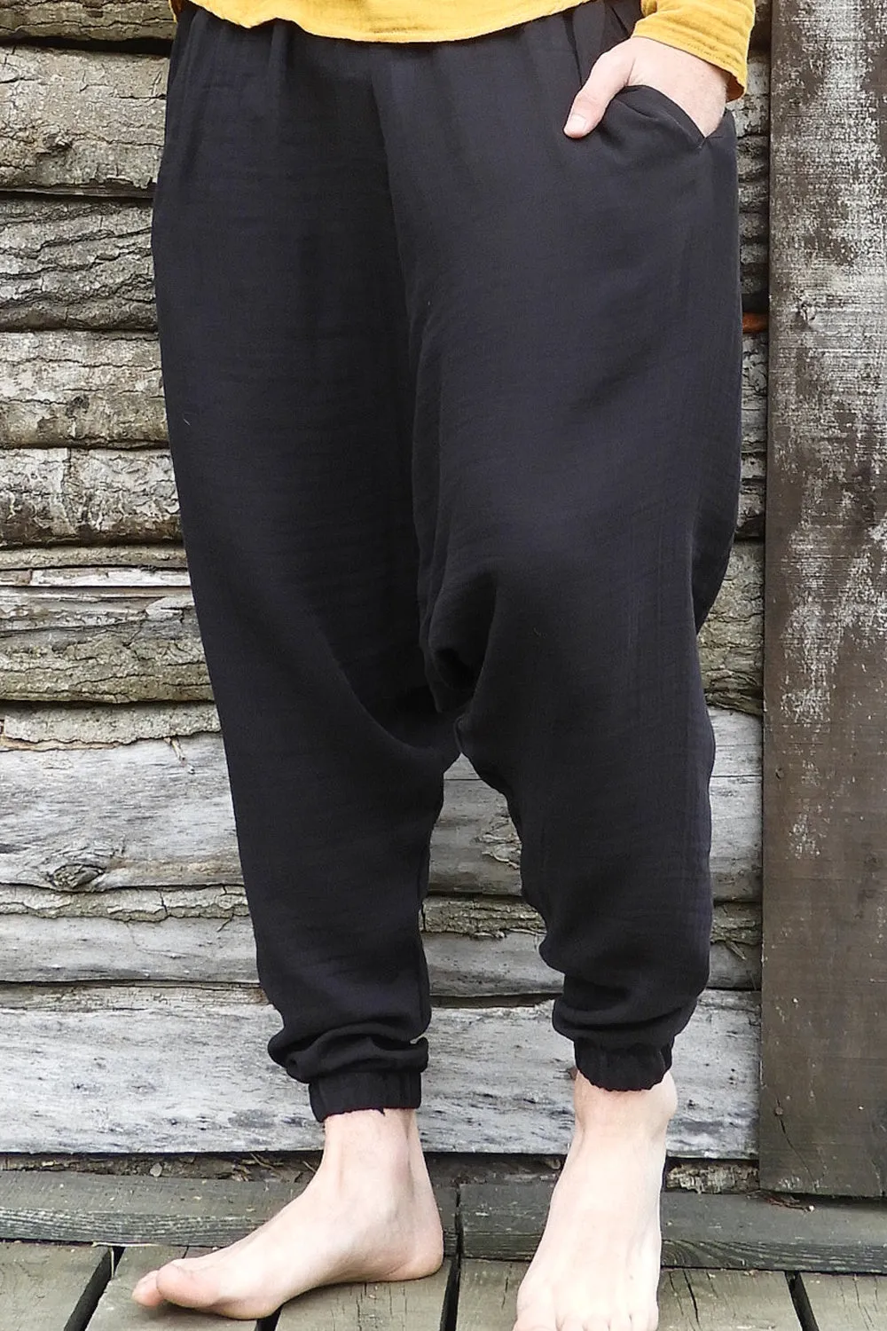 TRIBAL Men's Organic Gauze Cotton Harem Pants (Black, Beige)
