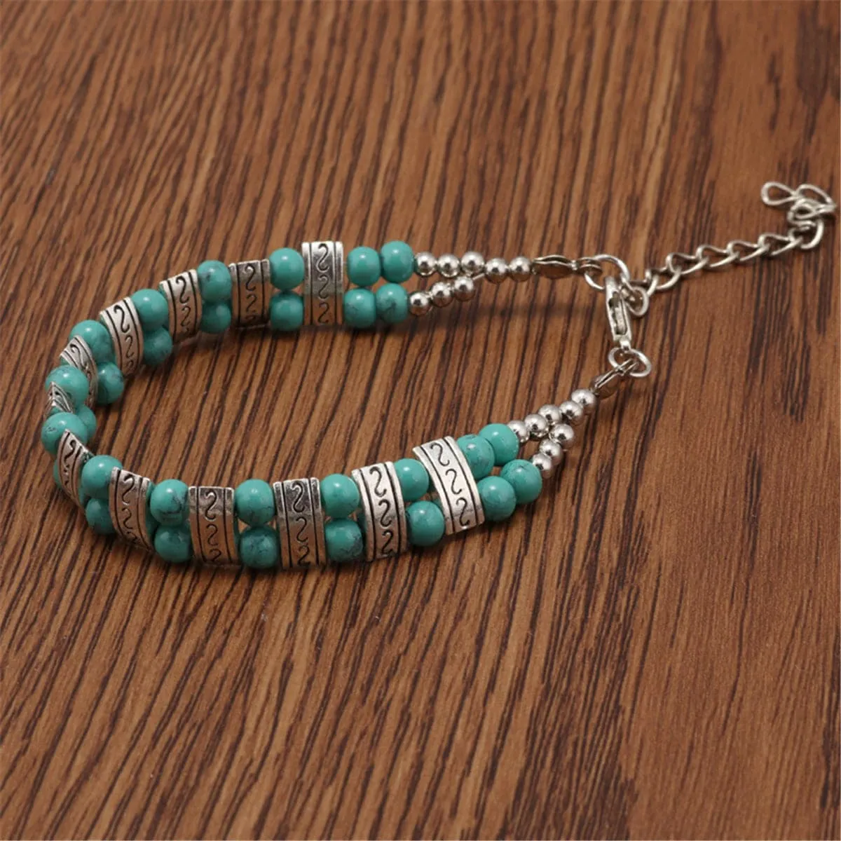 Turquoise & Silver-Plated Beaded Bracelet