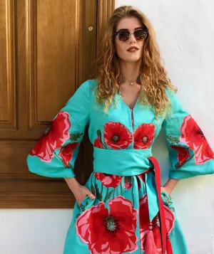 Turquoise dress with embroidered poppies