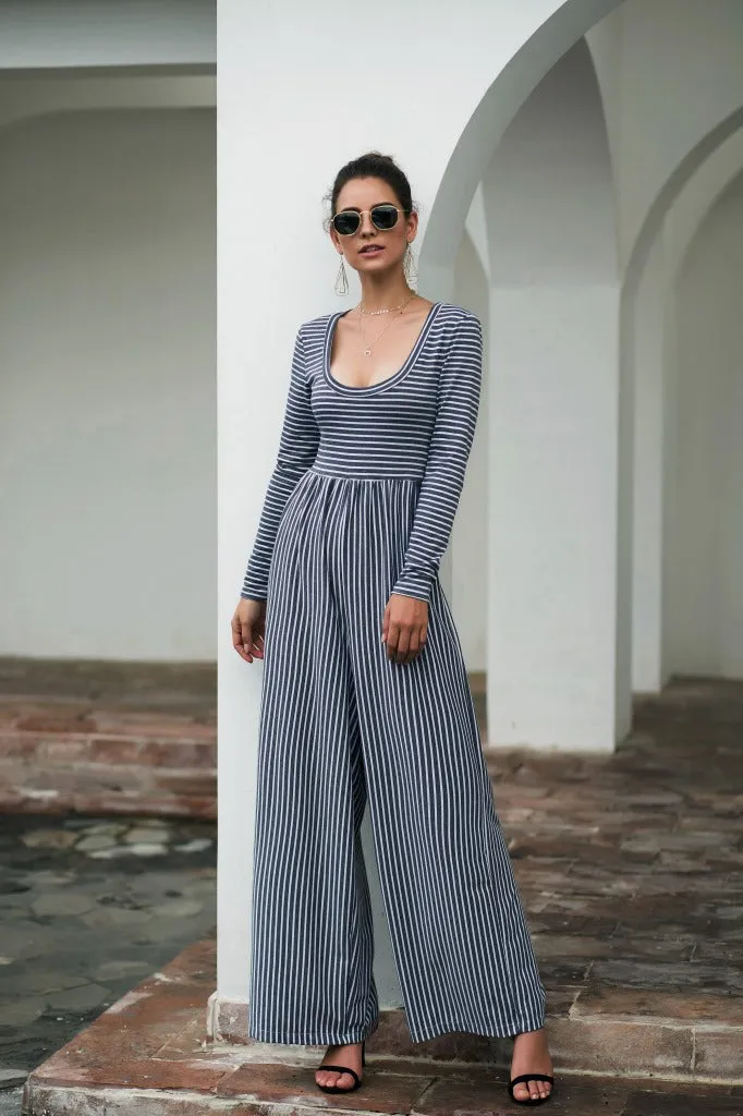 U-neck Sexy Wide-leg Long-sleeved Striped Jumpsuit