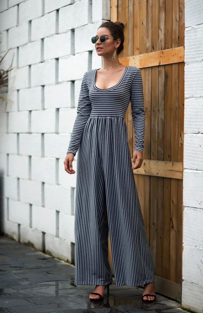 U-neck Sexy Wide-leg Long-sleeved Striped Jumpsuit