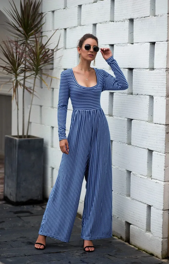 U-neck Sexy Wide-leg Long-sleeved Striped Jumpsuit