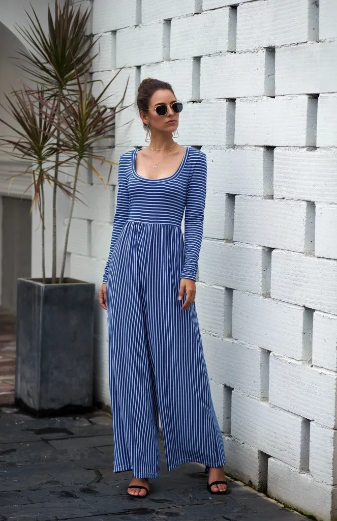 U-neck Sexy Wide-leg Long-sleeved Striped Jumpsuit