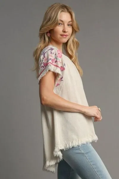 Umgee Full Size Linen Round Neck High Low Hem Frayed Top Plus Size