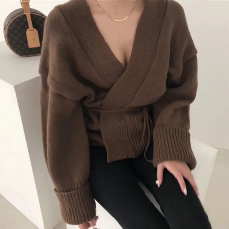 V-neck Lace-up Pit Striped Splicing Sweaters