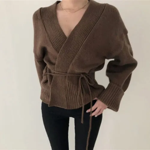 V-neck Lace-up Pit Striped Splicing Sweaters