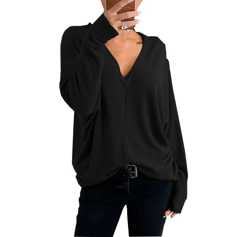 V-neck Lapsed Sleeves Loose Long-sleeved Top T-shirt For Women