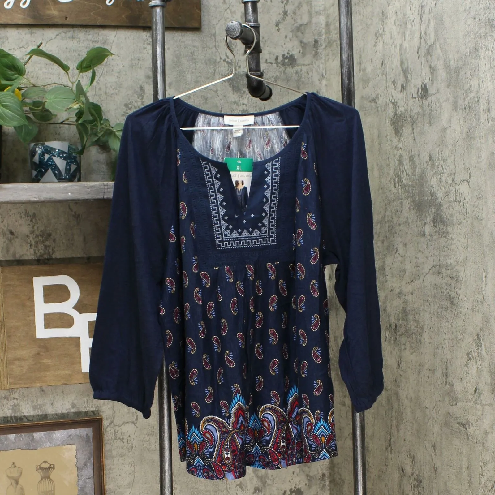 Vintage America Women's Raglan 3/4 Sleeve Peasant Top