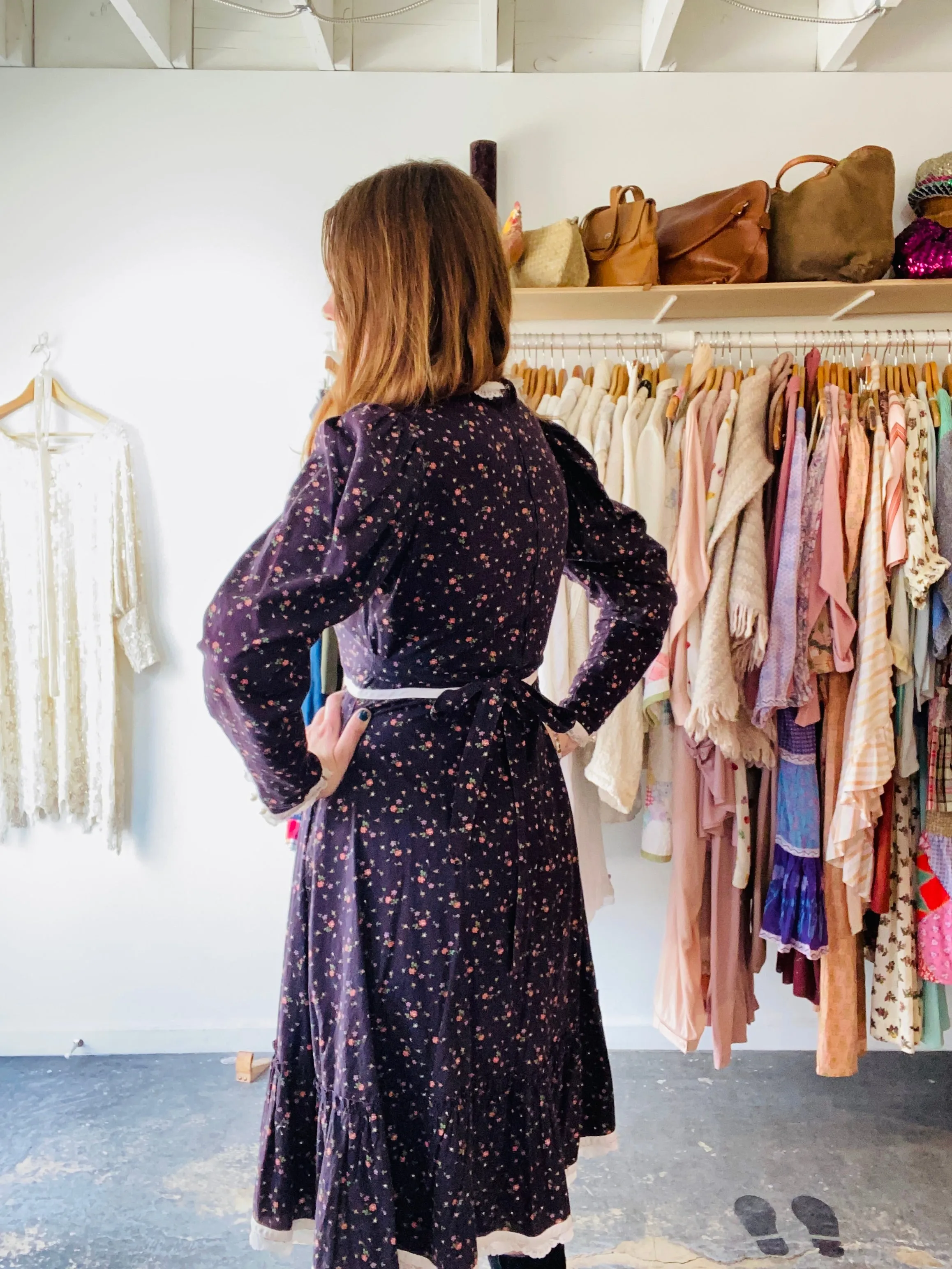 Vintage Dark Purple Prairie Midi Dress