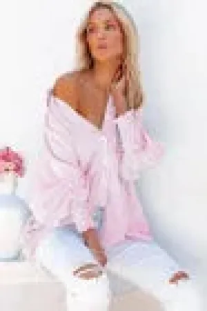 Walton Smocked Cuffed Striped Boyfriend Shirt with Pocket- Pink