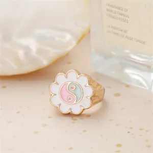 White Enamel & 18K Gold-Plated Yin Yang Flower Ring