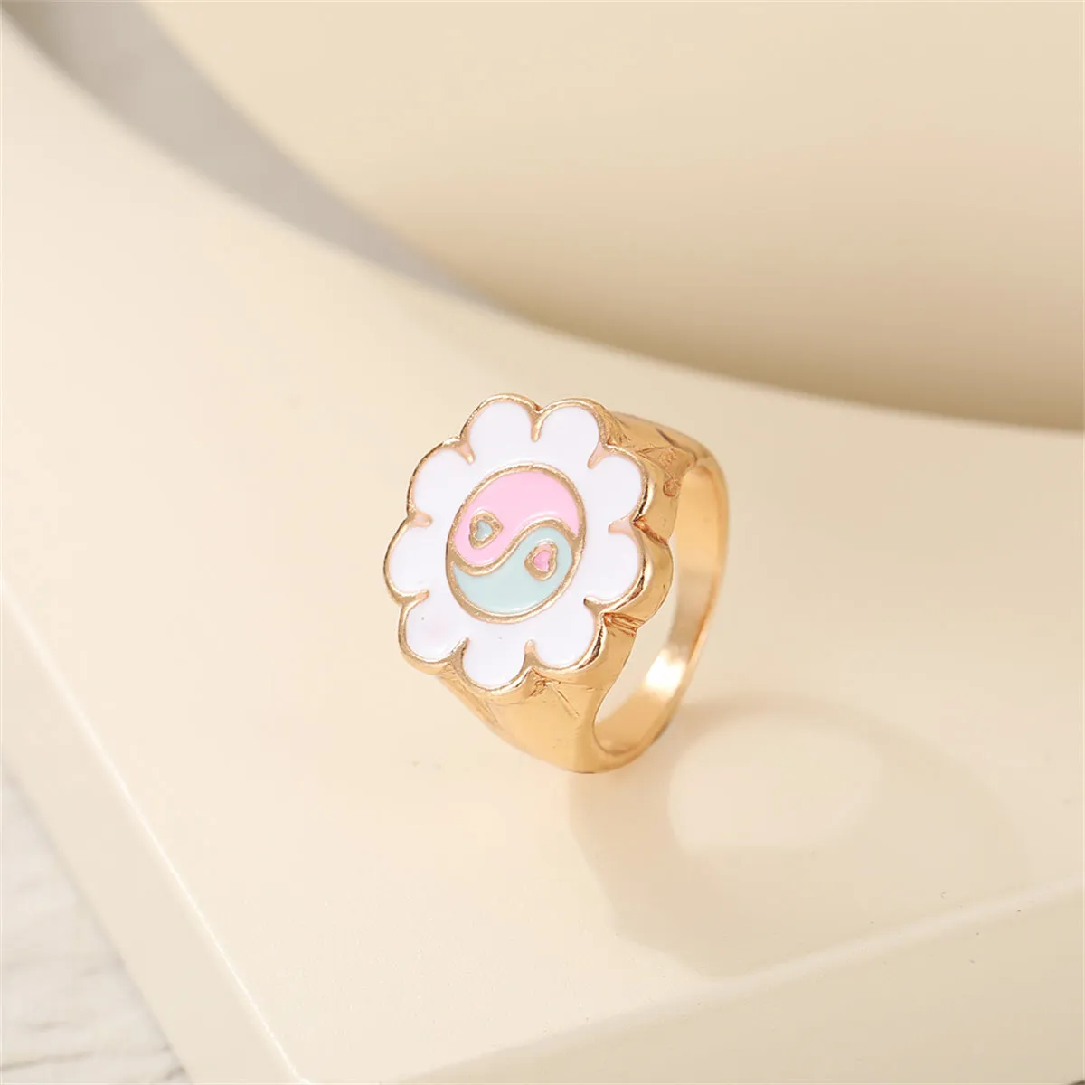 White Enamel & 18K Gold-Plated Yin Yang Flower Ring