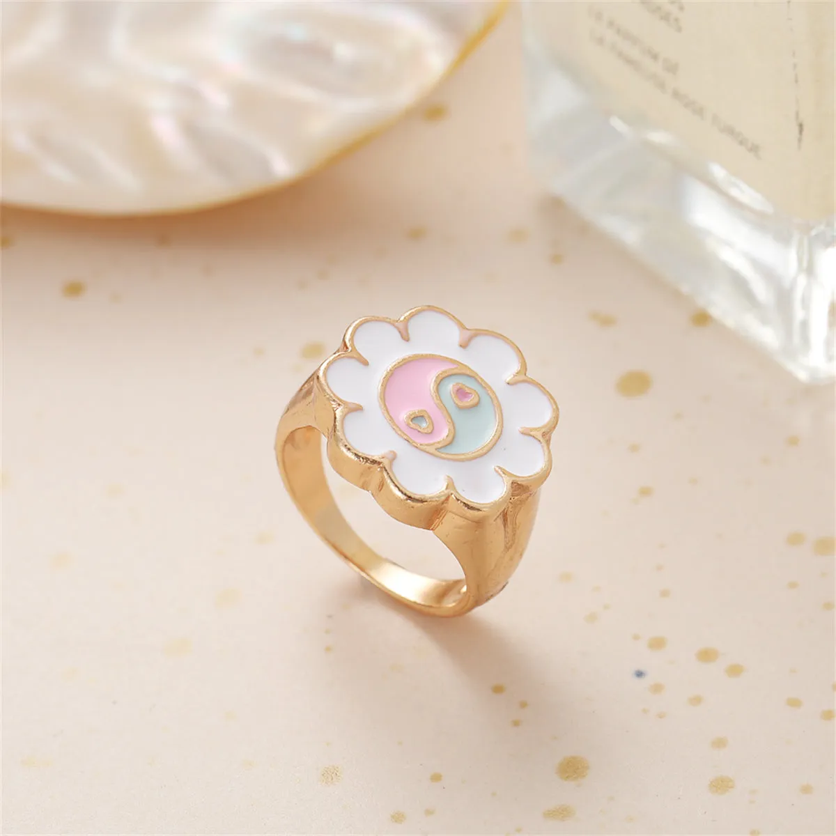 White Enamel & 18K Gold-Plated Yin Yang Flower Ring