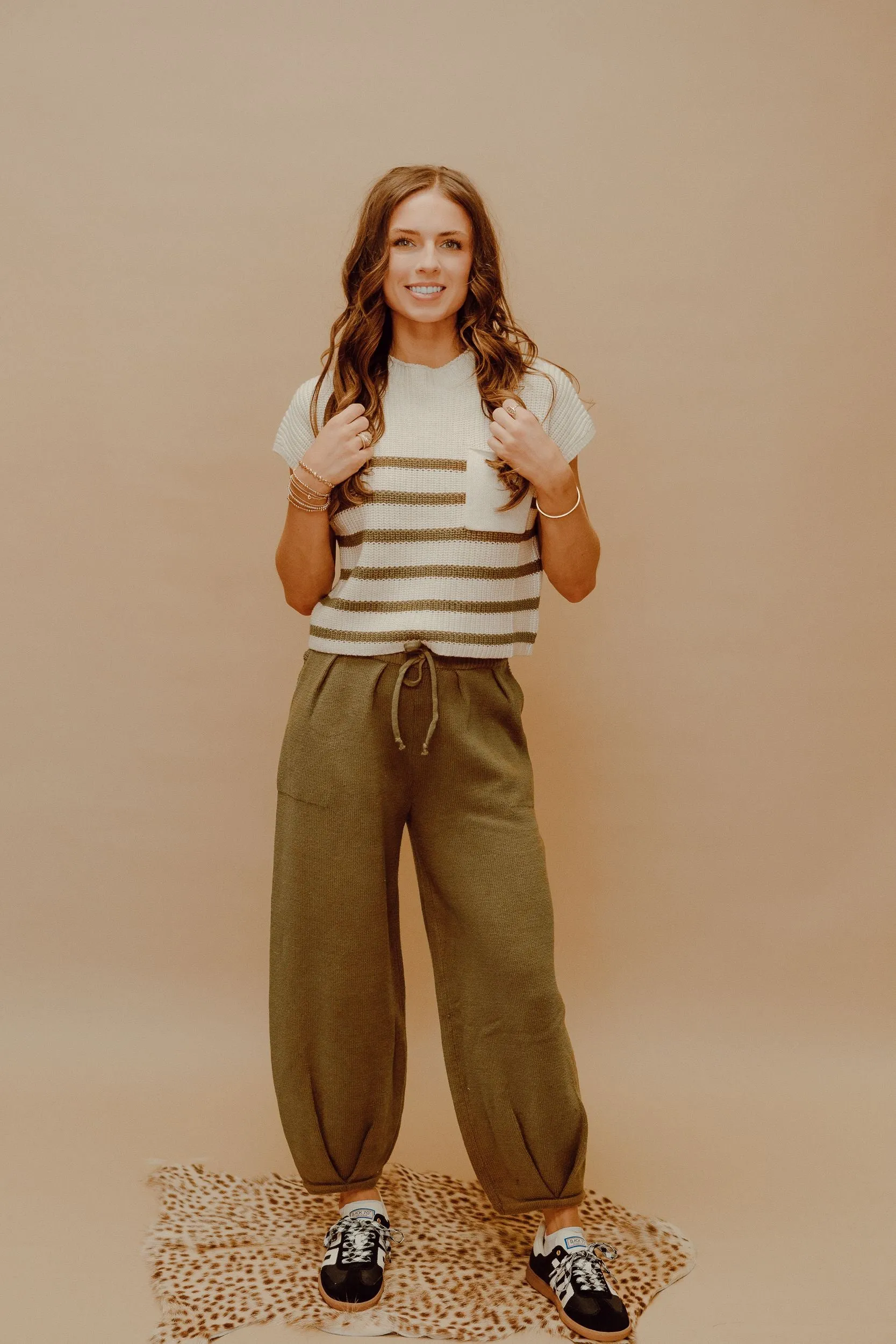 White/Forest Green Striped Top