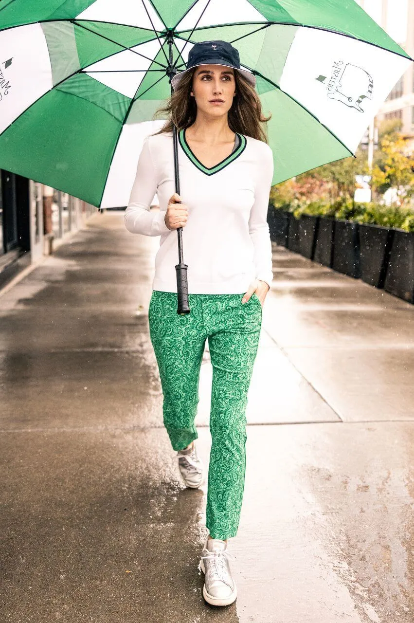 White/Kelly Green Stretch V-Neck Sweater