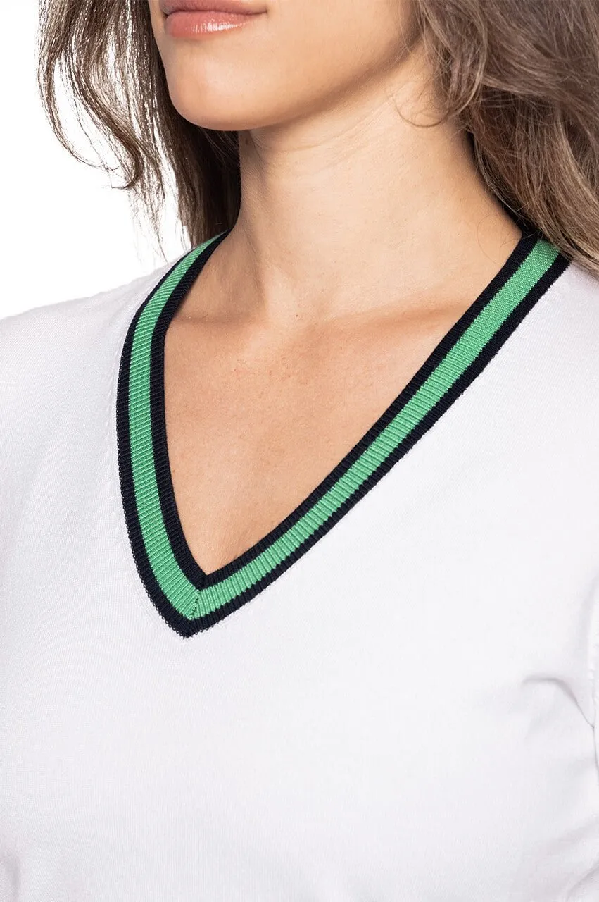 White/Kelly Green Stretch V-Neck Sweater