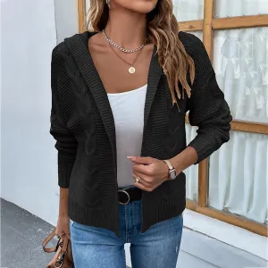 Women's Cardigans Kniting Plain Hoods Twist Long Sleeves