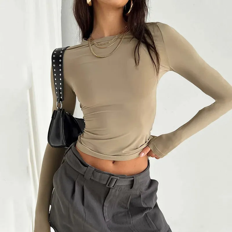 Women's Casual Long Sleeve T-Shirt Spring Autumn Solid Slim Fit Pullovers Shirts Streetwear Base Tees Tops