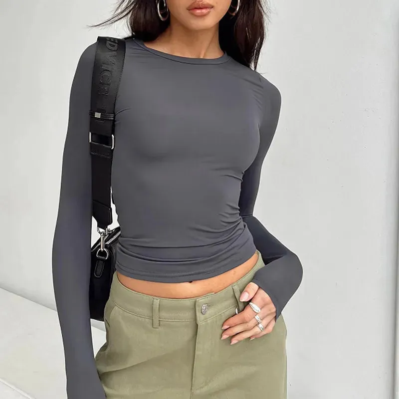 Women's Casual Long Sleeve T-Shirt Spring Autumn Solid Slim Fit Pullovers Shirts Streetwear Base Tees Tops