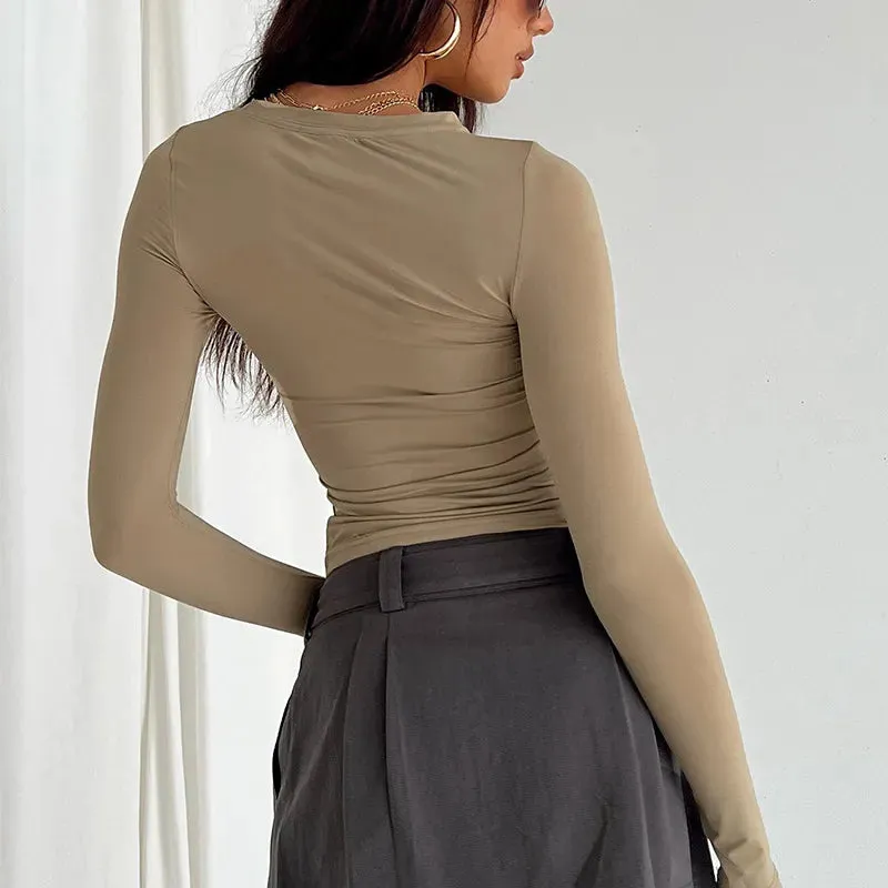 Women's Casual Long Sleeve T-Shirt Spring Autumn Solid Slim Fit Pullovers Shirts Streetwear Base Tees Tops