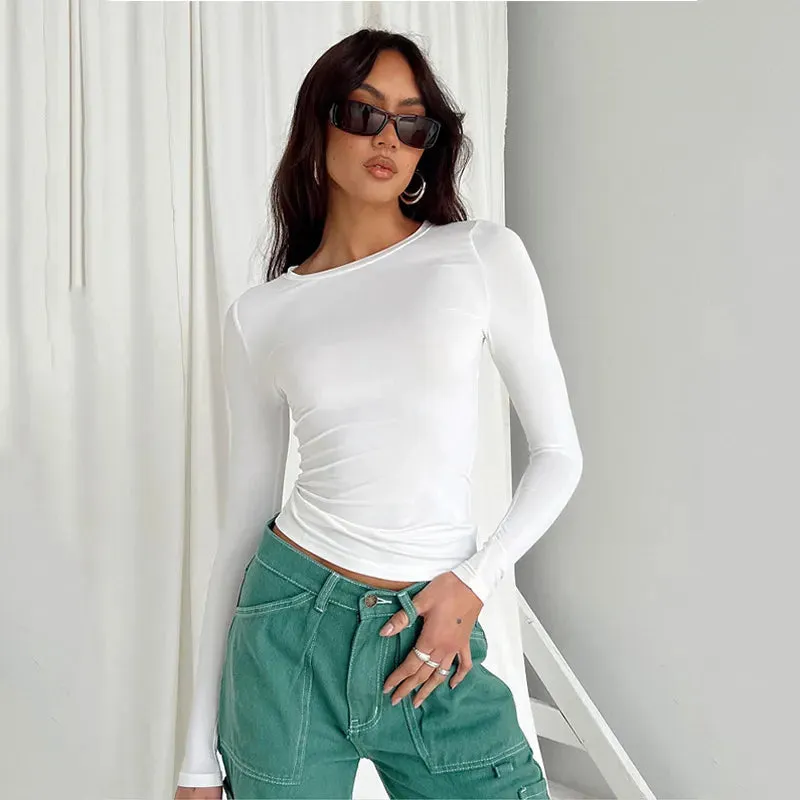 Women's Casual Long Sleeve T-Shirt Spring Autumn Solid Slim Fit Pullovers Shirts Streetwear Base Tees Tops