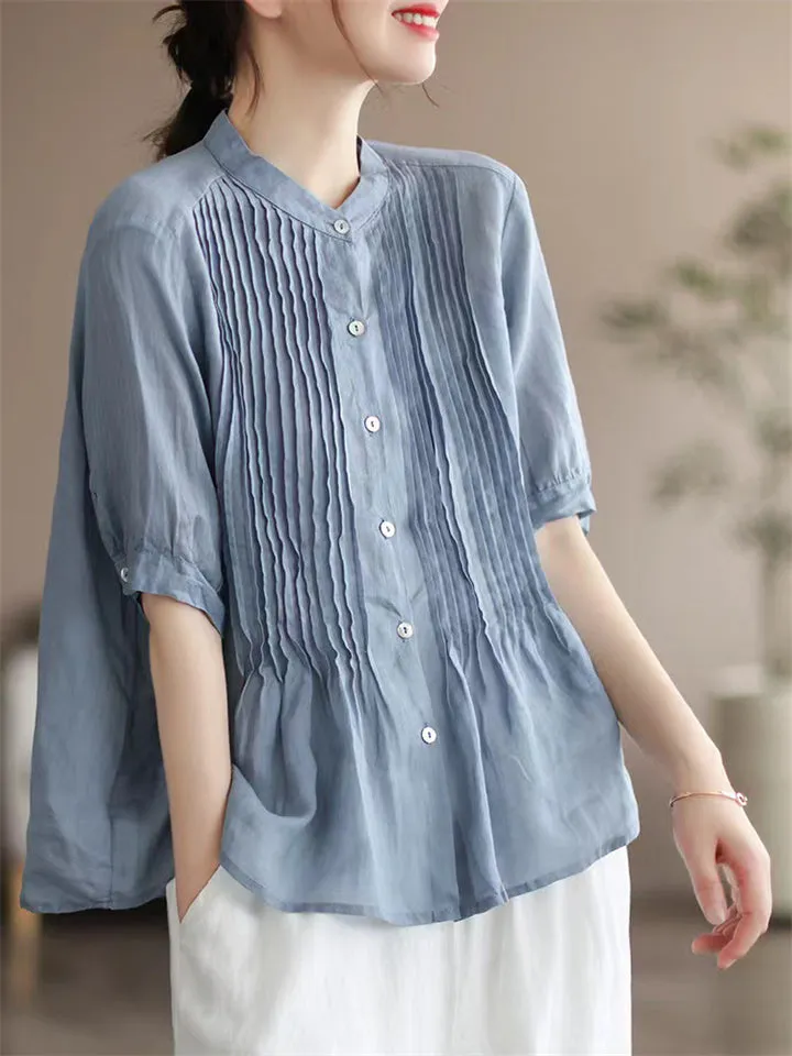 Women's Cozy Short Sleeved Linen Ramie Blouse Shirts