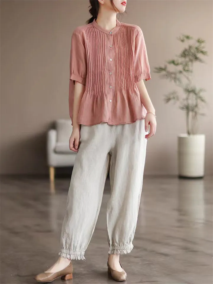 Women's Cozy Short Sleeved Linen Ramie Blouse Shirts